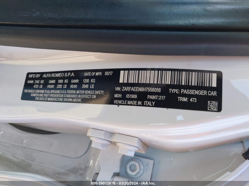 2017 ALFA ROMEO GIULIA TI AWD - ZARFAEEN8H7556056