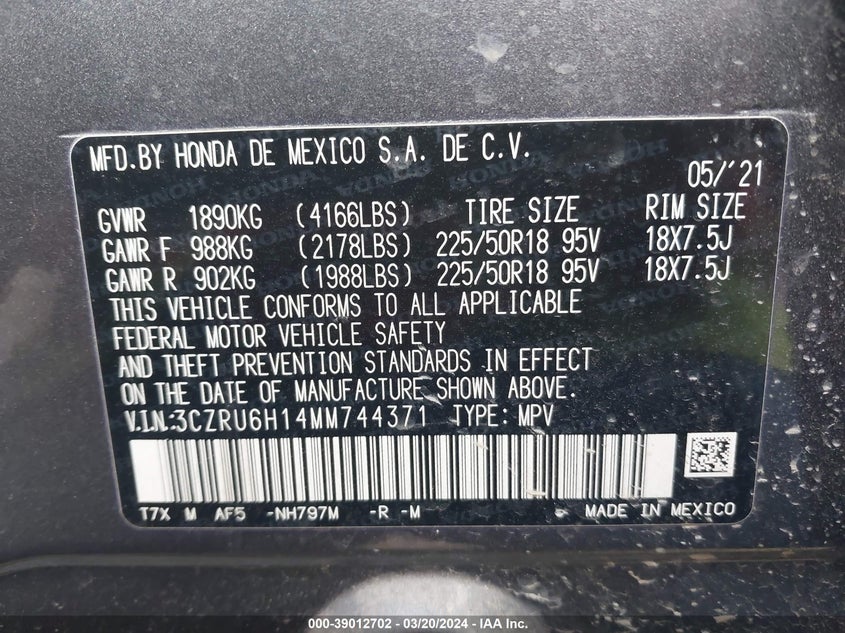 VIN 3CZRU6H14MM744371 2021 HONDA HR-V SPORT