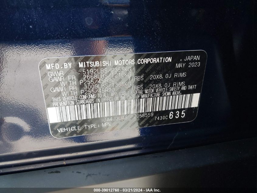 2023 Mitsubishi Outlander Se 2.5 2Wd VIN: JA4J3UA81PZ058559 Lot: 39012760