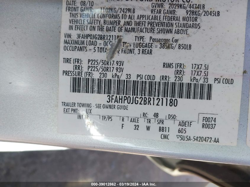 3FAHP0JG2BR121180 | 2011 FORD FUSION