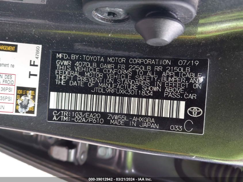 2019 Toyota Prius Xle VIN: JTDL9RFUXK3011834 Lot: 39012942