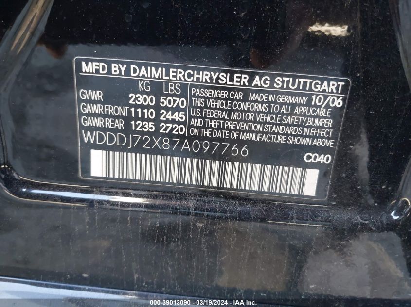 WDDDJ72X87A097766 2007 Mercedes-Benz Cls 550