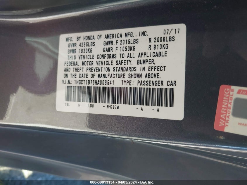 VIN 1HGCT1B76HA009541 2017 HONDA ACCORD EX