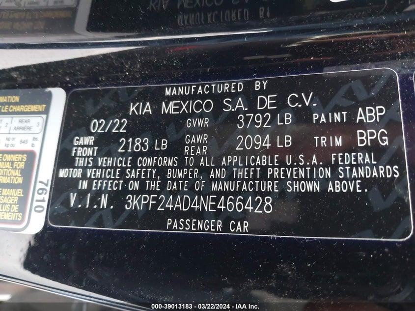 2022 KIA FORTE FE/LXS - 3KPF24AD4NE466428