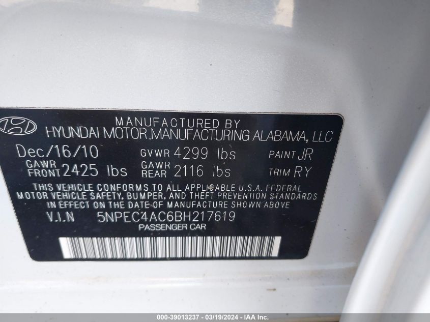 5NPEC4AC6BH217619 | 2011 HYUNDAI SONATA