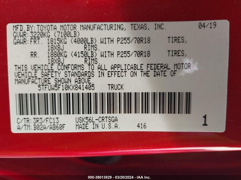 2019 TOYOTA TUNDRA DOUBLE CAB SR/SR5 - 5TFUW5F10KX841405