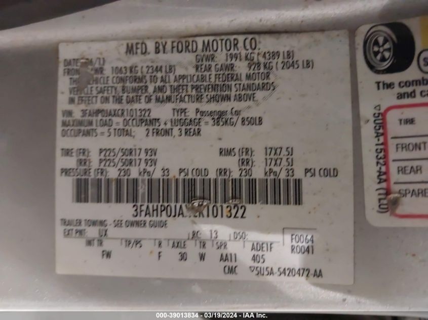 3FAHP0JAXCR101322 | 2012 FORD FUSION