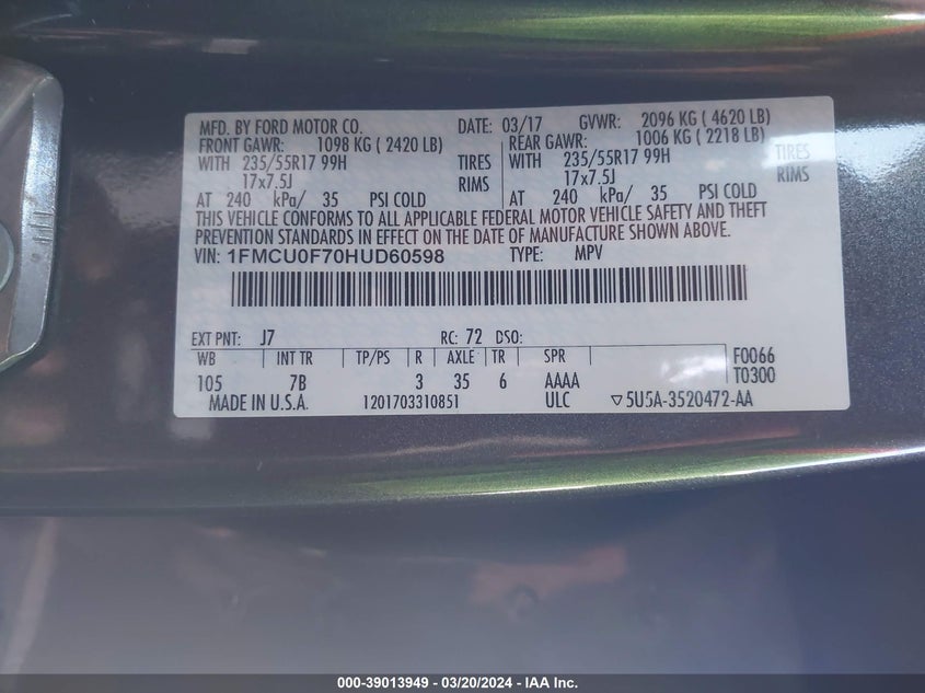 VIN 1FMCU0F70HUD60598 2017 FORD ESCAPE S