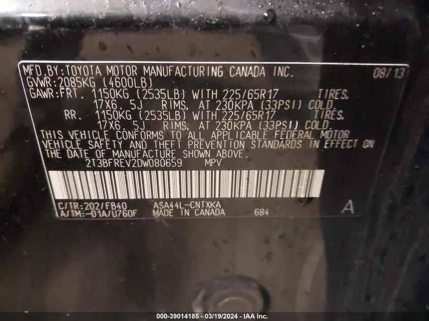 2013 TOYOTA RAV4 LE - 2T3BFREV2DW080659