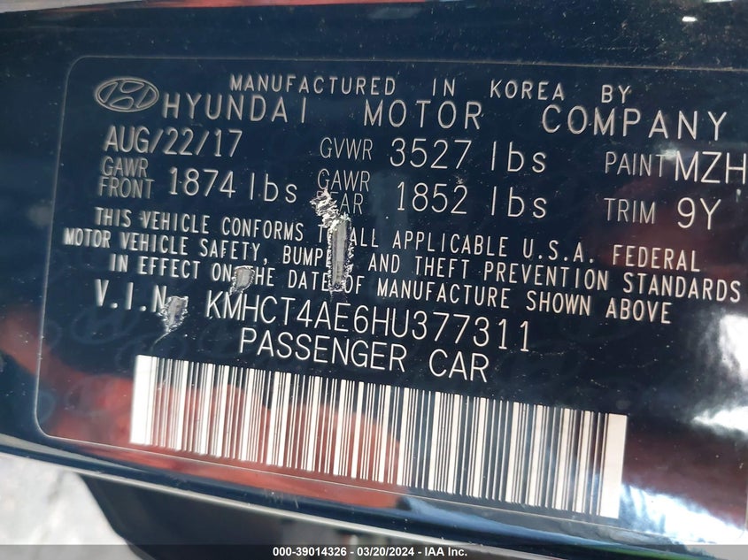 VIN KMHCT4AE6HU377311 2017 HYUNDAI ACCENT SE