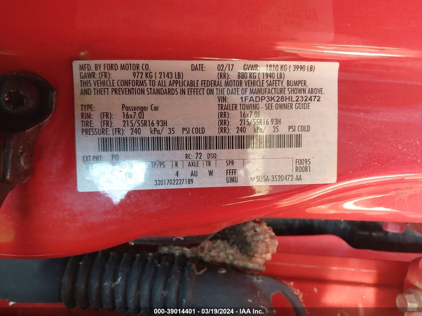 VIN 1FADP3K28HL232472 2017 FORD FOCUS SE