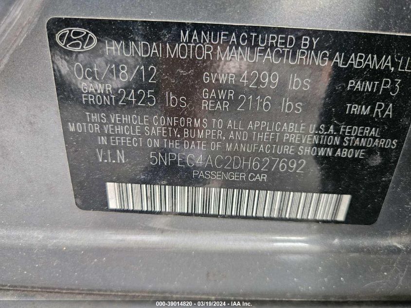 2013 HYUNDAI SONATA - 5NPEC4AC2DH627692