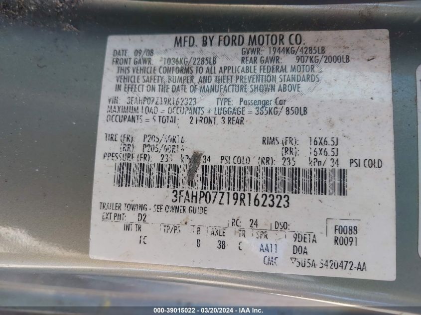 3FAHP07Z19R162323 | 2009 FORD FUSION