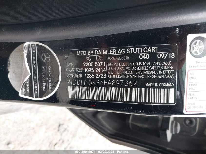 WDDHF5KB6EA897362 | 2014 MERCEDES-BENZ E 350