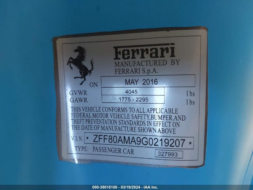 2016 Ferrari 488 Spider VIN: ZFF80AMA9G0219207 Lot: 39015100