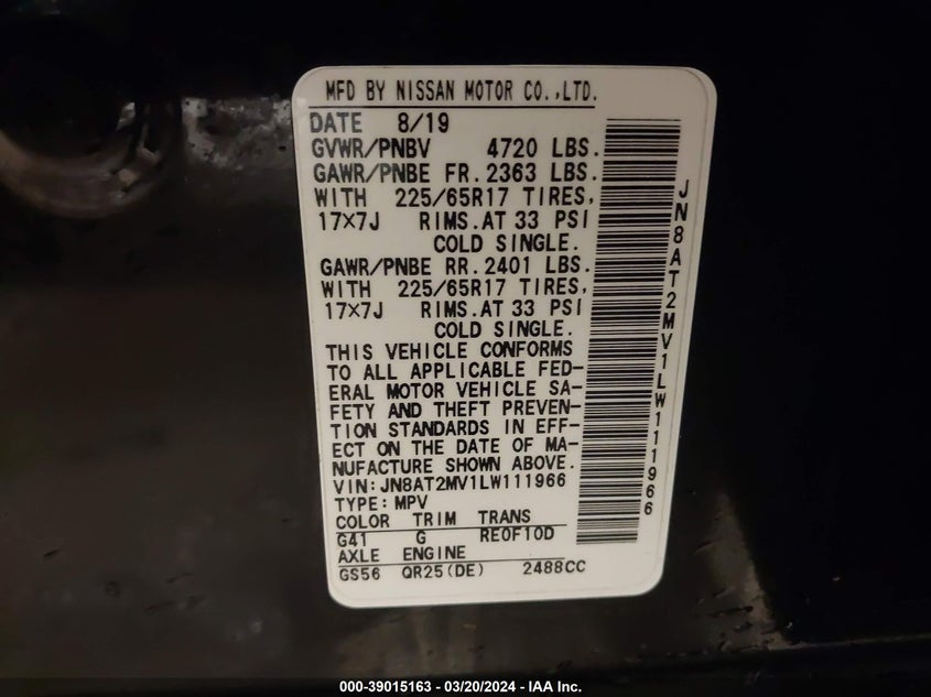 2020 NISSAN ROGUE VIN: JN8AT2MV1LW111966