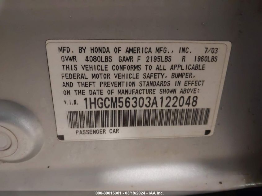 1HGCM56303A122048 | 2003 HONDA ACCORD