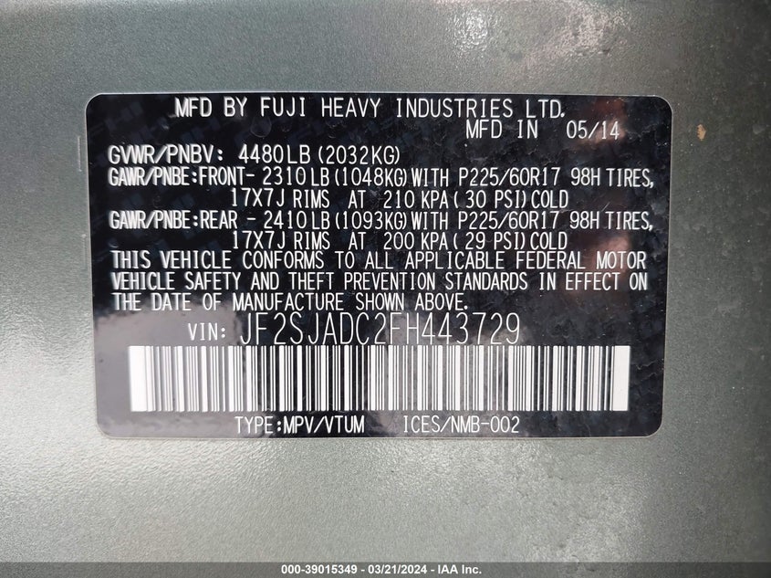 2015 SUBARU FORESTER 2.5I PREMIUM - JF2SJADC2FH443729