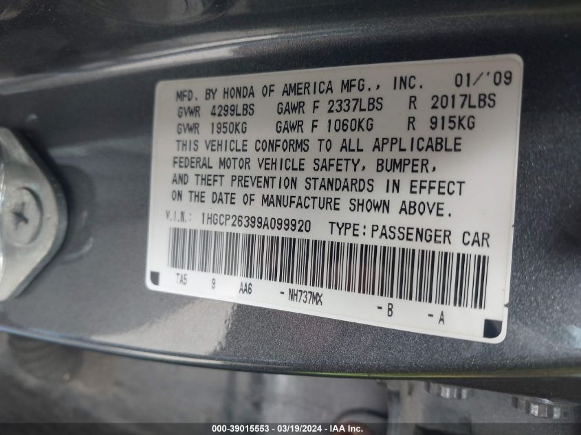 1HGCP26399A099920 | 2009 HONDA ACCORD