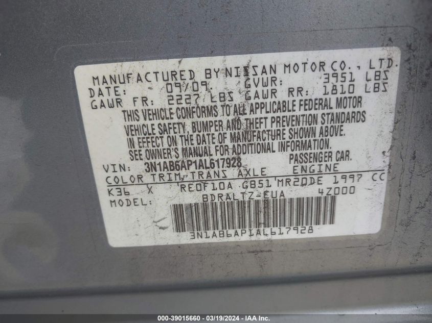 3N1AB6AP1AL617928 | 2010 NISSAN SENTRA