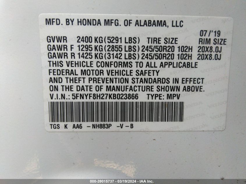 5FNYF8H27KB023866 2019 Honda Passport Sport