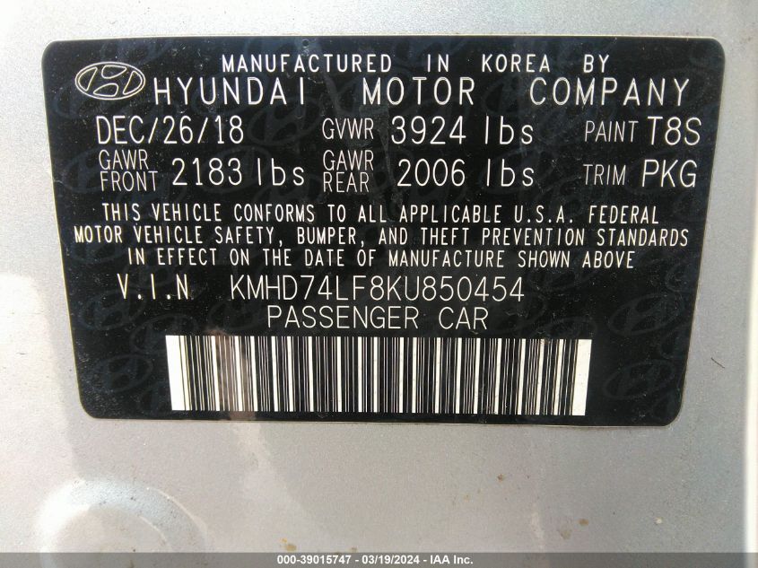 KMHD74LF8KU850454 2019 Hyundai Elantra Se