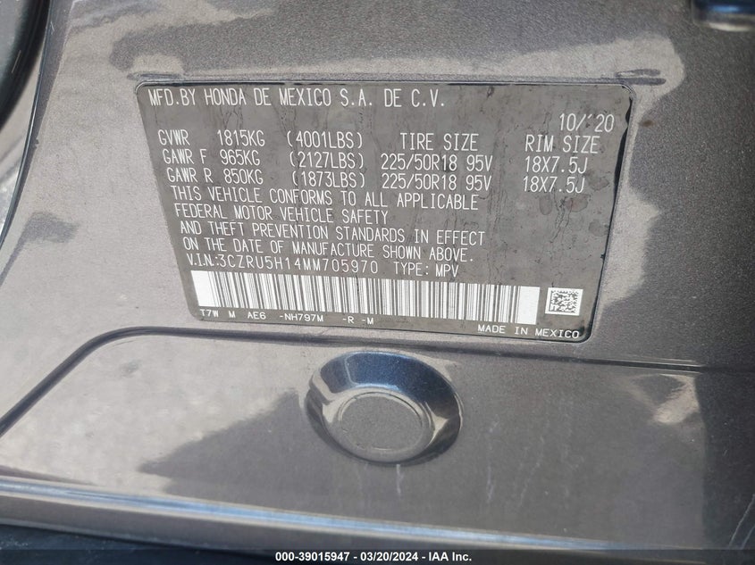 VIN 3CZRU5H14MM705970 2021 HONDA HR-V 2WD SPORT