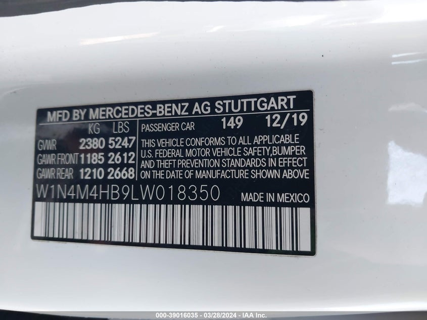 2020 MERCEDES-BENZ GLB 250 VIN: W1N4M4HB9LW018350