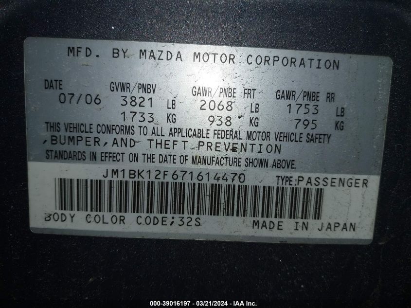 JM1BK12F671614470 | 2007 MAZDA MAZDA3