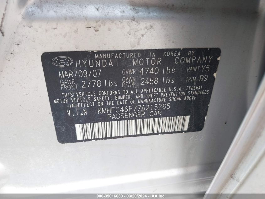 KMHFC46F77A215265 2007 Hyundai Azera Limited/Se