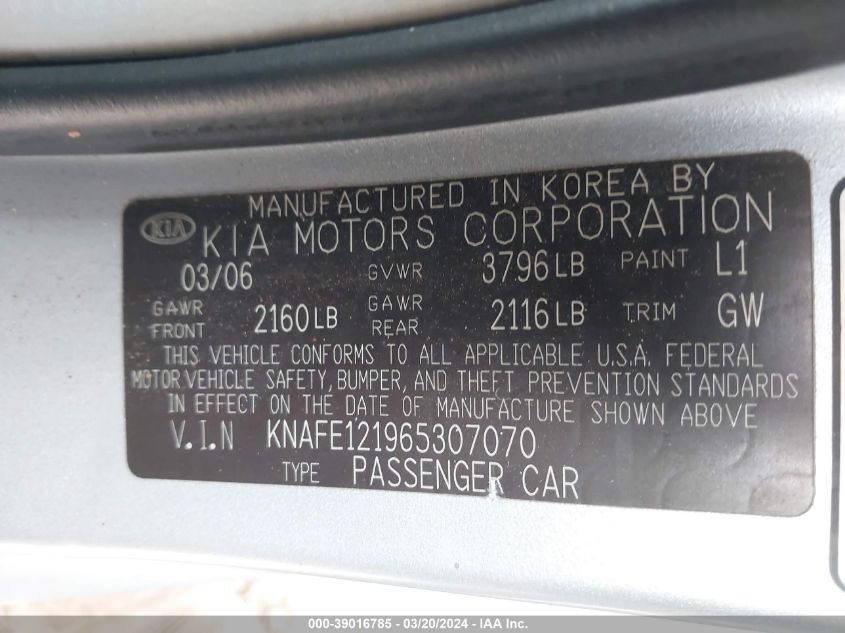 2006 Kia Spectra Ex/Lx/Sx VIN: KNAFE121965307070 Lot: 39016785