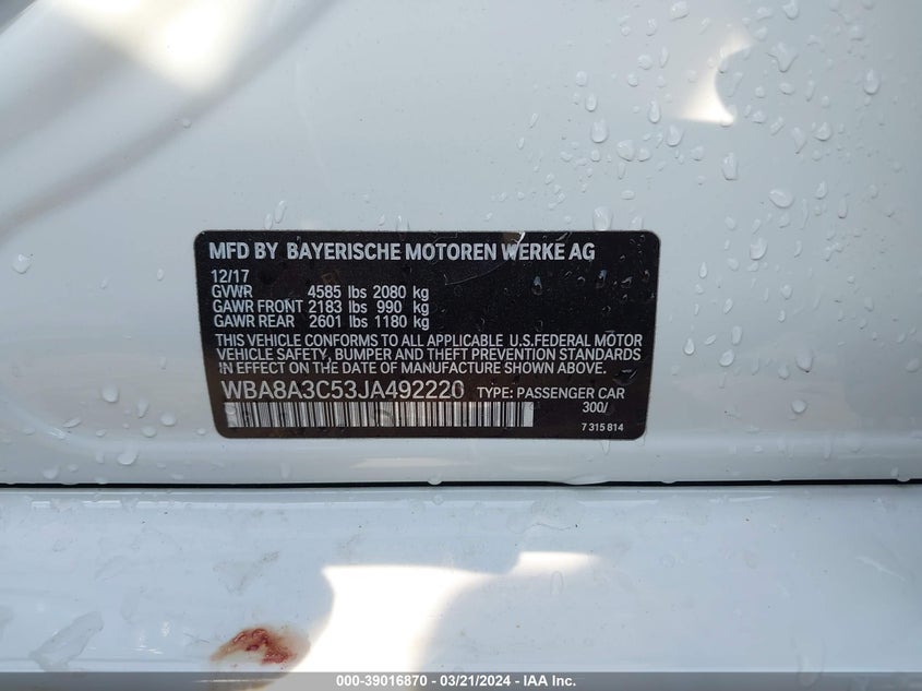 VIN WBA8A3C53JA492220 2018 BMW 320I XDRIVE