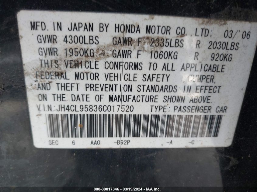 JH4CL95836C017520 2006 Acura Tsx