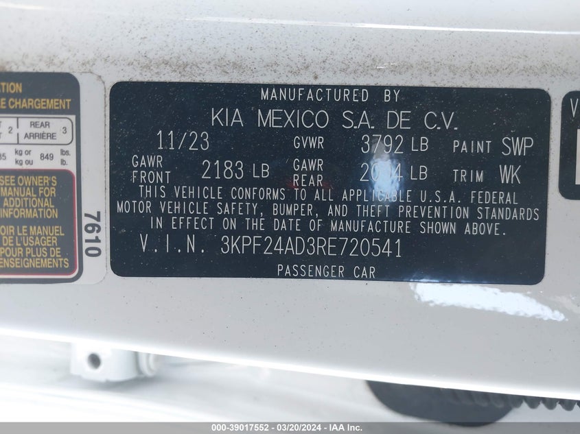 VIN 3KPF24AD3RE720541 2024 KIA FORTE LXS