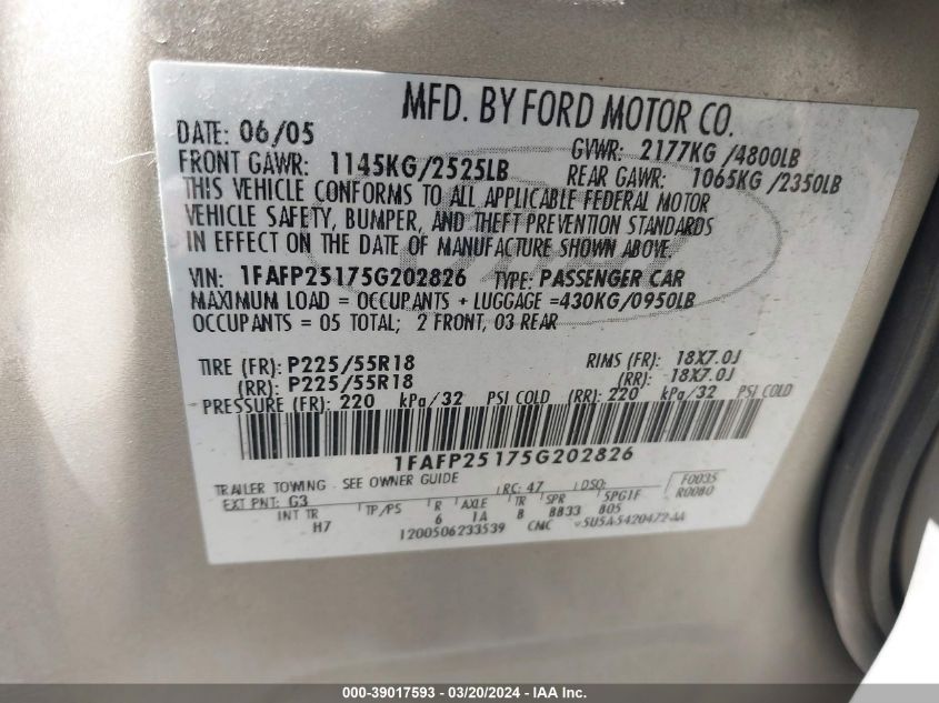 2005 Ford Five Hundred Limited VIN: 1FAFP25175G202826 Lot: 39017593