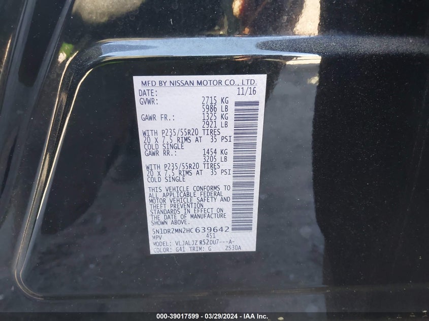 VIN 5N1DR2MN2HC639642 2017 NISSAN PATHFINDER PLATINUM