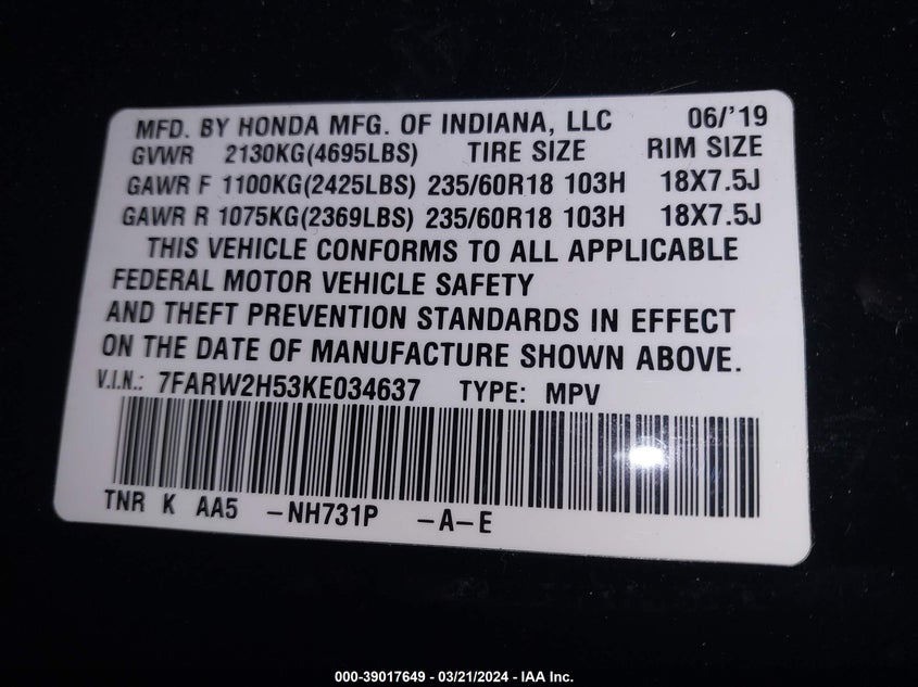 VIN 7FARW2H53KE034637 2019 HONDA CR-V EX