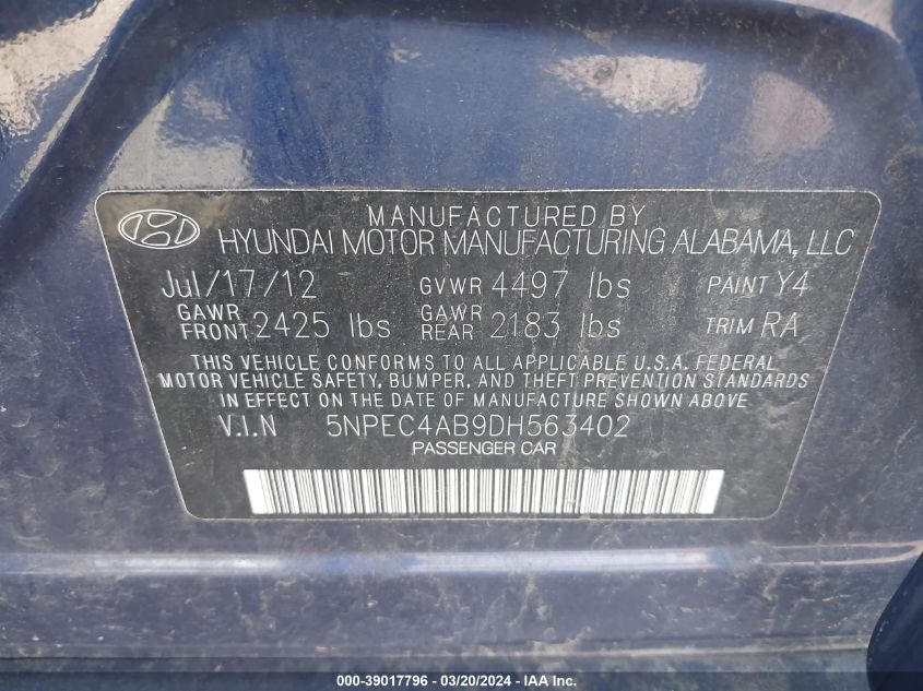 5NPEC4AB9DH563402 | 2013 HYUNDAI SONATA