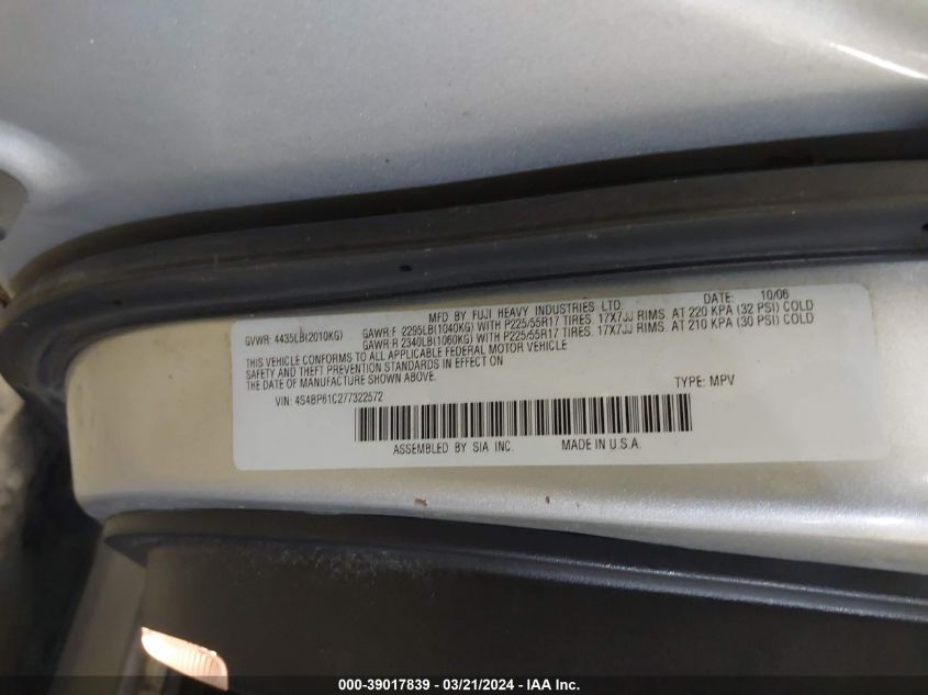 4S4BP61C277322572 2007 Subaru Outback 2.5I