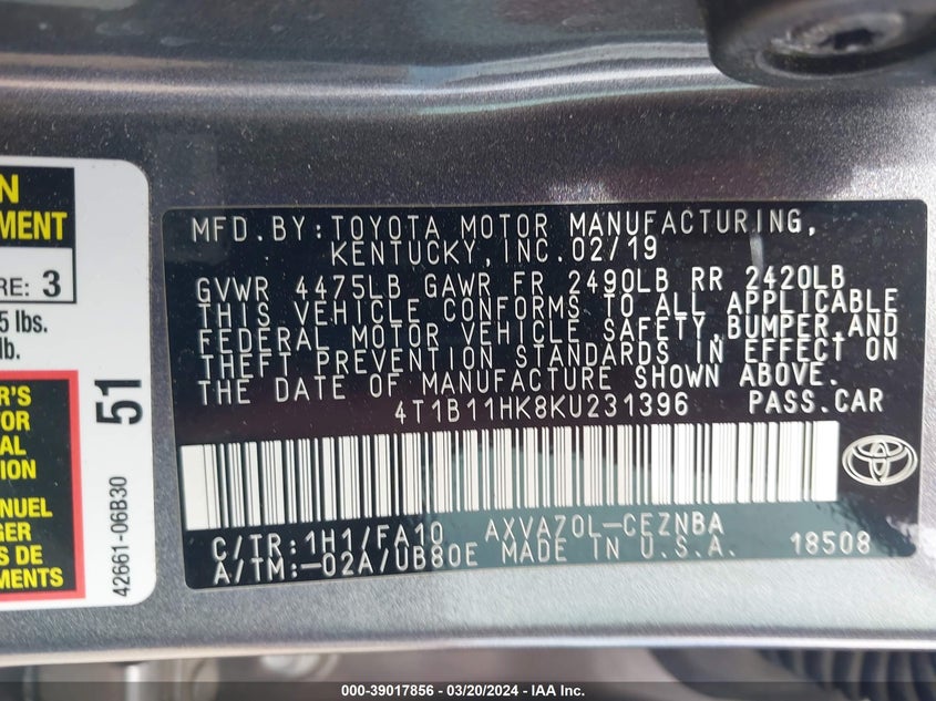 2019 TOYOTA CAMRY L/LE/XLE/SE/XSE - 4T1B11HK8KU231396