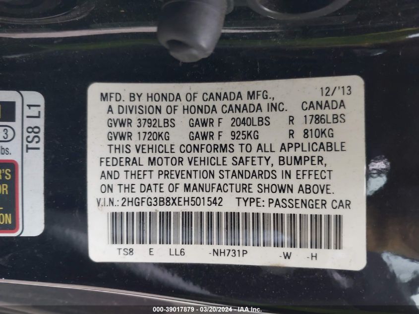 2HGFG3B8XEH501542 | 2014 HONDA CIVIC