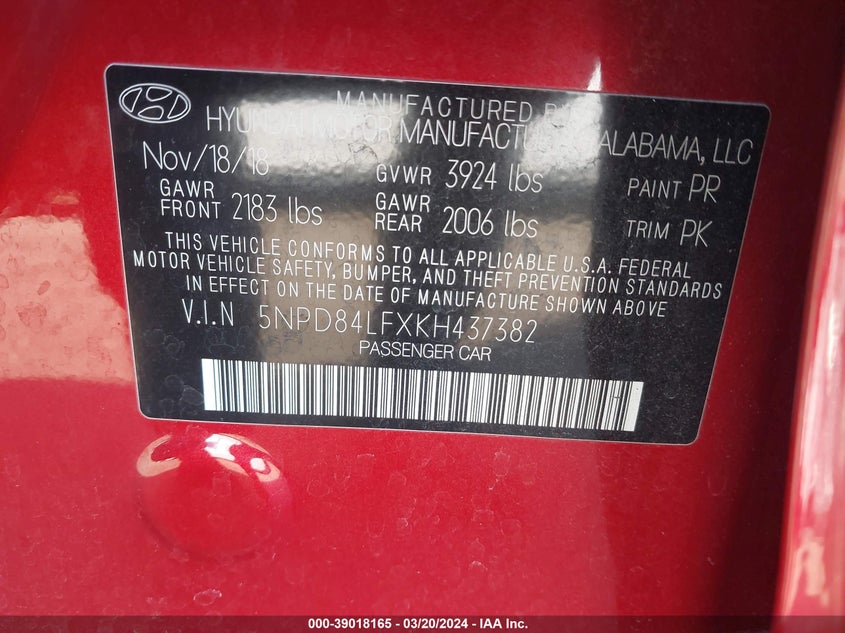 VIN 5NPD84LFXKH437382 2019 HYUNDAI ELANTRA SEL/VALUE/LIMITED