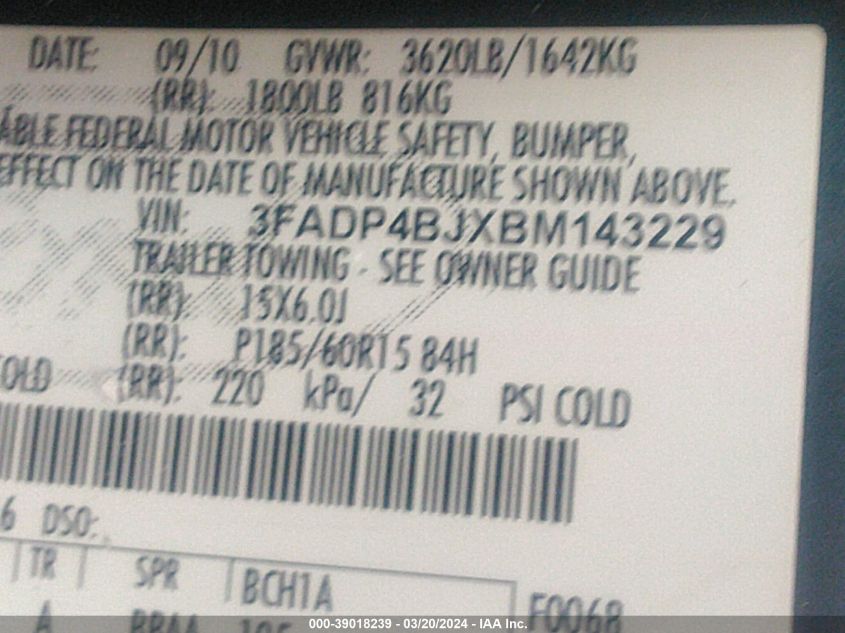 3FADP4BJXBM143229 | 2011 FORD FIESTA