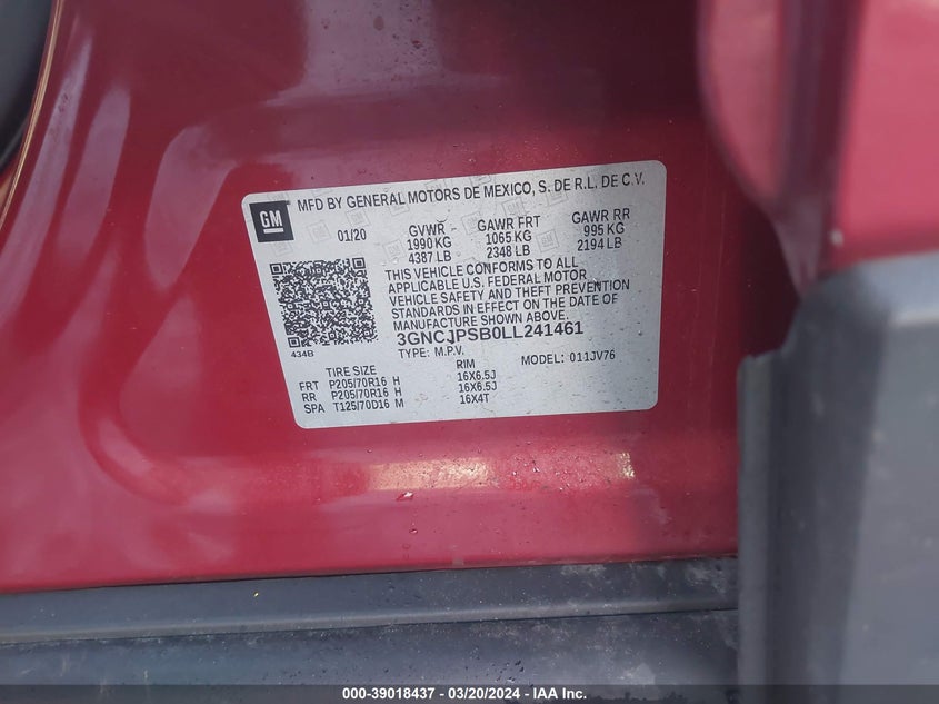 VIN 3GNCJPSB0LL241461 2020 CHEVROLET TRAX 1LT