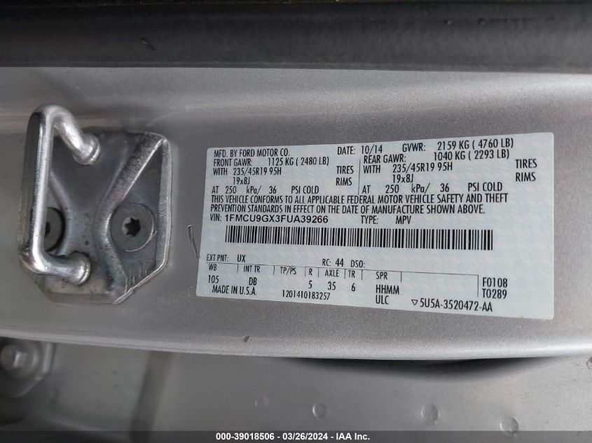 VIN 1FMCU9GX3FUA39266 2015 FORD ESCAPE no.9