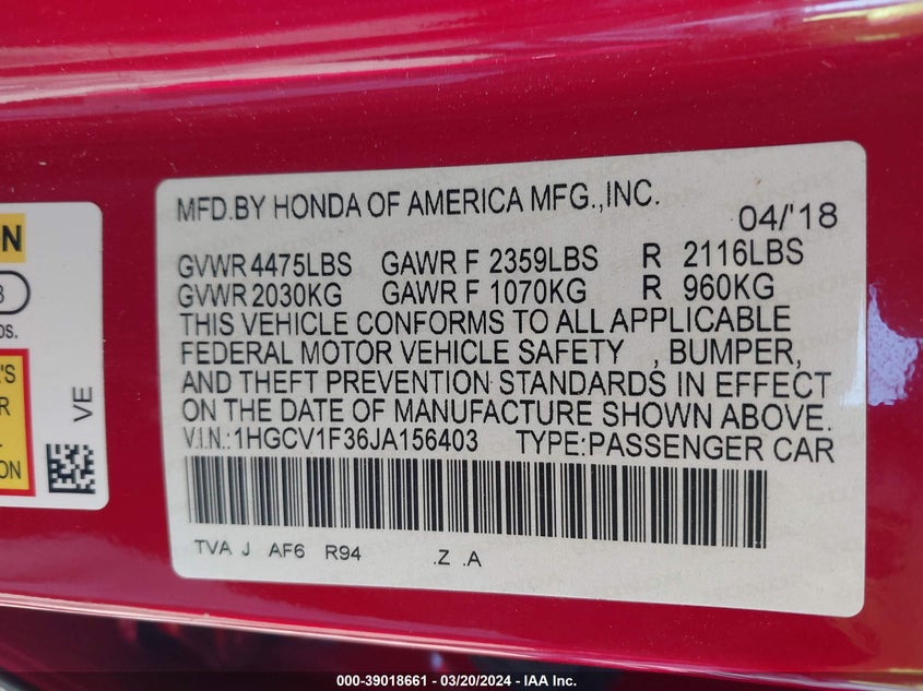 VIN 1HGCV1F36JA156403 2018 HONDA ACCORD SPORT