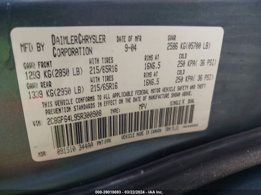 2005 Chrysler Town & Country Limited VIN: 2C8GP64L95R300908 Lot: 39018693