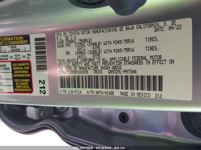 2022 TOYOTA TACOMA SR5 V6 - 3TMAZ5CN9NM181070