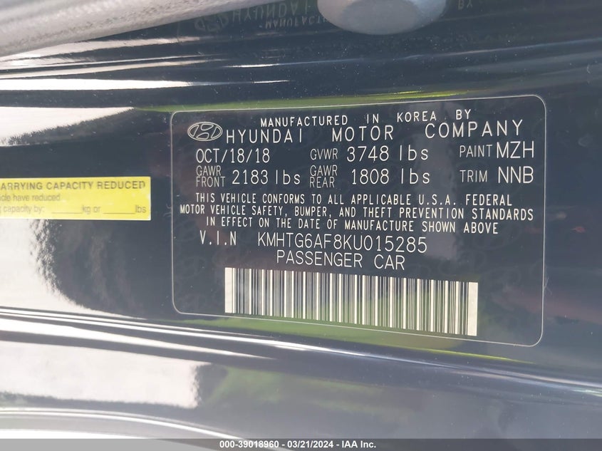 VIN KMHTG6AF8KU015285 2019 HYUNDAI VELOSTER 2.0 PREMIUM