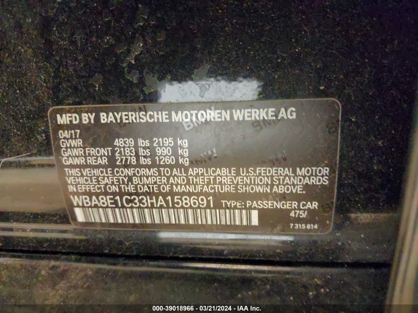 2017 BMW 330E IPERFORMANCE - WBA8E1C33HA158691